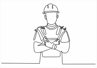 A continuous line drawing of the young foreman manager controlling the construction of the building. Building an architectural business concept. Single line drawing vector graphic design illustration