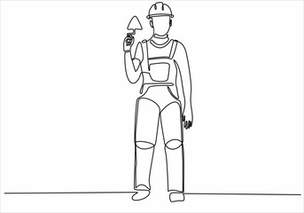 A continuous line drawing of the young foreman manager controlling the construction of the building. Building an architectural business concept. Single line drawing vector graphic design illustration