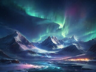 View of aurora borealis, night and snow mountains. design for background, web, social media. ai generative design