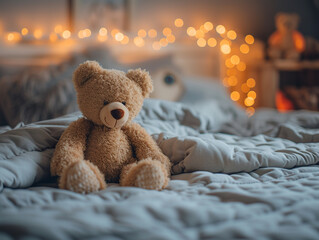 A teddy bear, vey cute and cuddly, on a bed. Evening lighting