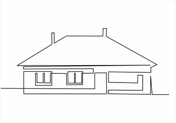 The house is drawn by a single black line on a white background. Continuous line drawing. Vector illustration