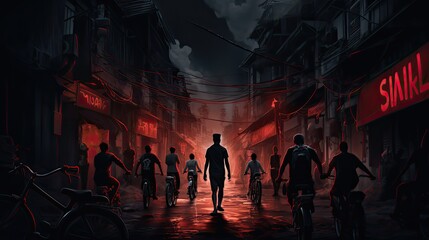 people walk on a street with a bike in the style