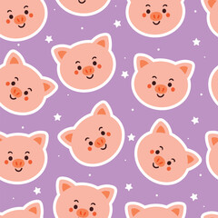Fototapeta premium seamless pattern cartoon pig and stars. cute animal wallpaper for textile, gift wrap paper