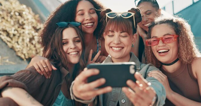 Selfie, happy or friends with fashion in city on holiday vacation with youth culture, streetwear or smile. Girls, trendy women or stylish urban clothing with social media, swag or diversity together