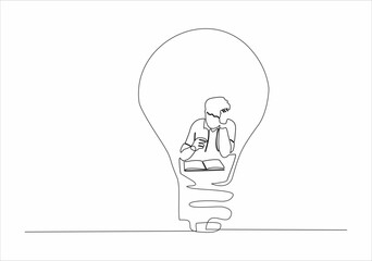 one continuous line drawing woman reading a book with a light bulb, man reading a book with a light bulb, hand painted silhouette image. line art.