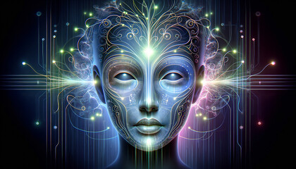 Futuristic facial recognition technology with organic, fluid shapes and holographic features.
