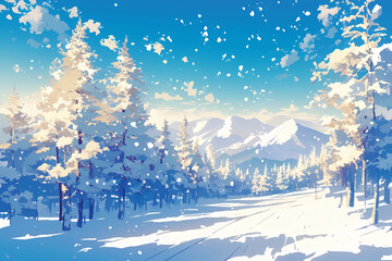 Illustrations of heavy snowfall in winter, illustrations of winter river scenes in snowy scenery