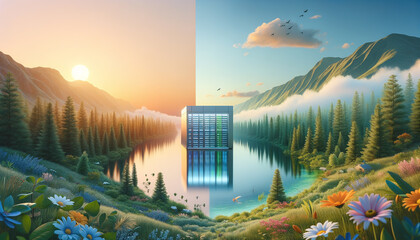 Tranquil data recovery: Serene landscape with glass data center blending harmoniously.