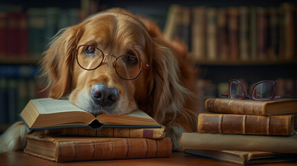 Golden retriever, dog reading a book in a library