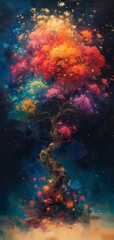 Obraz na płótnie Canvas A colorful fantasy tree in a dark landscape. 