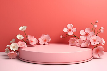 Obraz na płótnie Canvas Pink Nature Podium with Flower. Minimal 3D Display for Beauty