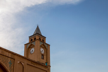 Clock tower of The Holy Savior Cathedral in Esfahan, Iran with perfect details.