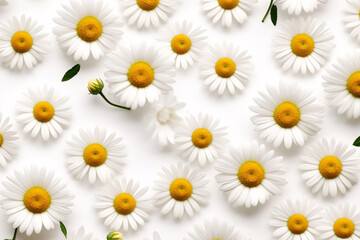 Realistic Chamomile Daisy Flower Bud and Stems Pattern on White Background