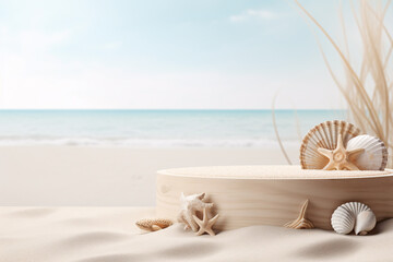 Fototapeta na wymiar Empty Round Beige Platform Podium with Sea Shells and Starfish on White Beach Sand Background