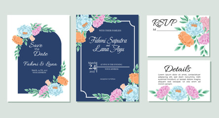 Blue Peony and Rose Flower Wedding Invitation Template