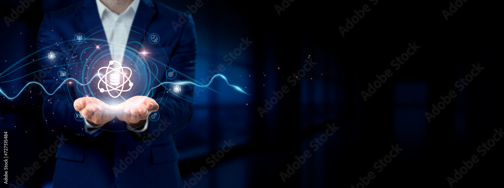 Poster businessman holding virtual data science network connection icons. analytics, insights, innovation i