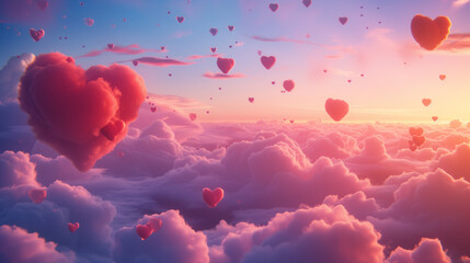 Red, heart-shaped clouds blooming in the sky, bathed in Valentine's Day sunshine, beautifully depicting love and romance