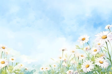 Watercolor background of daisy flower field and blue sky scene hand painting for decoration design