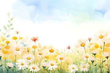 Fototapeta na wymiar Watercolor tranquil daisy meadow landscape background with copy space for nature season flora design