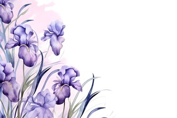 Watercolor Irises border frame on white background with blank space for nature season illustration