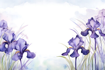 Watercolor Iris flower meadow border background with copy space for invitation card graphic design