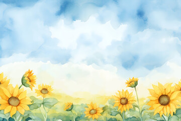 Watercolor sunflower garden in blue sky landscape background for spring summer nature decoration art