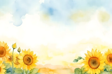 Watercolor sunflower field border on white background with copy space for card invitation design art