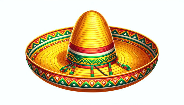 A traditional Mexican sombrero, featuring vibrant colors, and a wide brim, placed on a plain white background.
