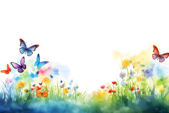 Watercolor spring summer meadow with butterfly and flowers border background for design decoration