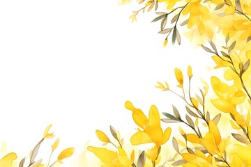 Watercolor white background of Forsythia flower branch border for nature spring season decoration 