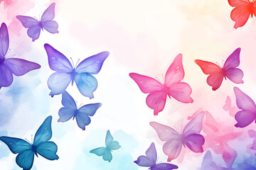 Watercolor pastel gradient butterflies on white background with blank space for insect nature design concept