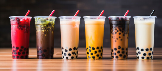 Refreshing Asian Boba Milk Tea with Tapioca Pearls, Served in a Cold Glass - obrazy, fototapety, plakaty