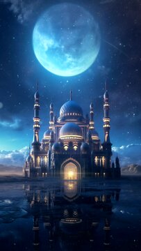 A striking image capturing a mosque in the ocean at night, ideal for travel brochures, spiritual websites, and art prints.