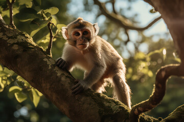Cute Primate Portrait: Young Monkey with Funny Expression Sitting on a Green Tree Branch in the Wild Jungle