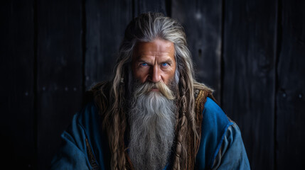 A portrait of an old viking man with a long beard, blue eyes and blue clothing.