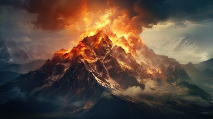 small fire on top of mountains vast mountain range - obrazy, fototapety, plakaty