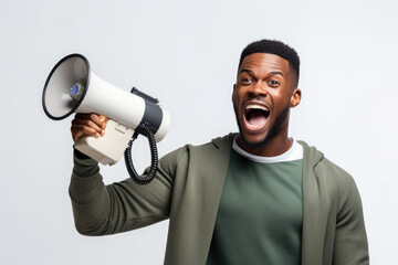 Elevate Your Style! Young African Man Amplifies Promotions and Advertisements Through Megaphone, Unveiling Discounted Prices on Fashionable Products. Shopping Reinvented