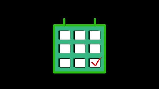 Green flat design calendar icon with a check mark animated on a black background.