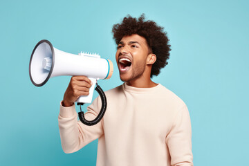 Elevate Your Style! Young African Man Amplifies Promotions and Advertisements Through Megaphone, Unveiling Discounted Prices on Fashionable Products. Shopping Reinvented