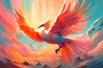 a painting of a bird flying in the sky, artwork of a phoenix, ''wallpaper of a phoenix, beautiful, fiery bird, vibrant digital painting, ''wallpaper of a phoenix