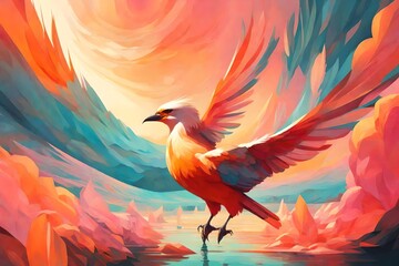 a painting of a bird flying in the sky, artwork of a phoenix, ''wallpaper of a phoenix, beautiful, fiery bird, vibrant digital painting, ''wallpaper of a phoenix