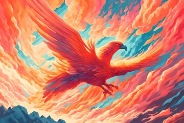 Fototapeta na wymiar a painting of a bird flying in the sky, artwork of a phoenix, ''wallpaper of a phoenix, beautiful, fiery bird, vibrant digital painting, ''wallpaper of a phoenix