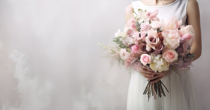 Beautiful bride holding wedding flowers on white background