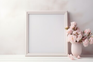 Fototapeta na wymiar An empty frame with pink flowers in a white vase on a table on a white background, realistic and elegant