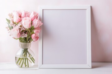 An empty frame with pink roses in a transparent vase on the table on a pink background, realistic and elegant