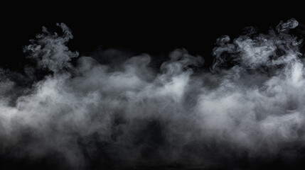 A haunting overlay of black smoke and white fog blankets the ground, with clouds of mist, steam, and dust emerging from the dark backdrop.