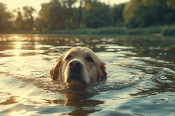 A serene golden retriever swims in a tranquil lake, surrounded by the golden hues of sunset.
