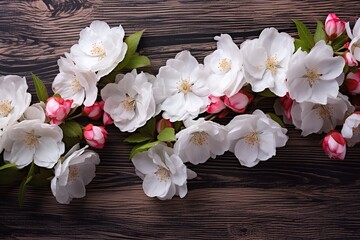 The beauty of white cherry blossoms against a wooden background