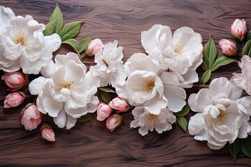 The beauty of white cherry blossoms against a wooden background