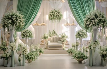 Fototapeta na wymiar White and green wedding decorations in the room